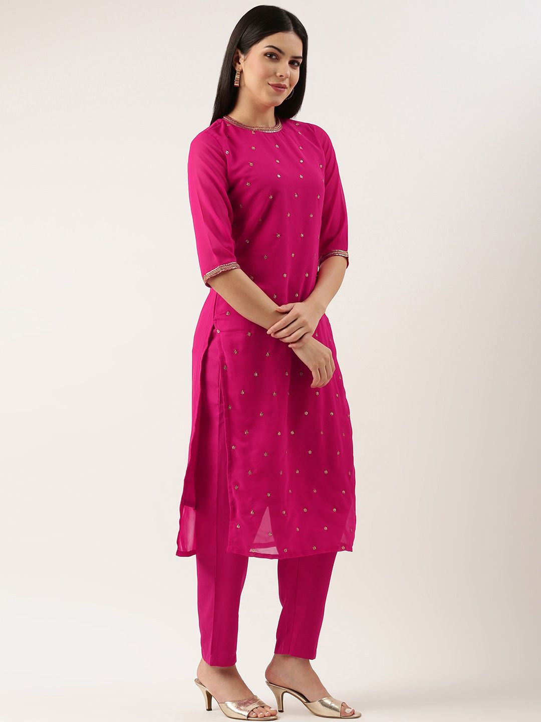 KALINI Round Neck Floral Embroidered Sequinned Kurta with Trousers
