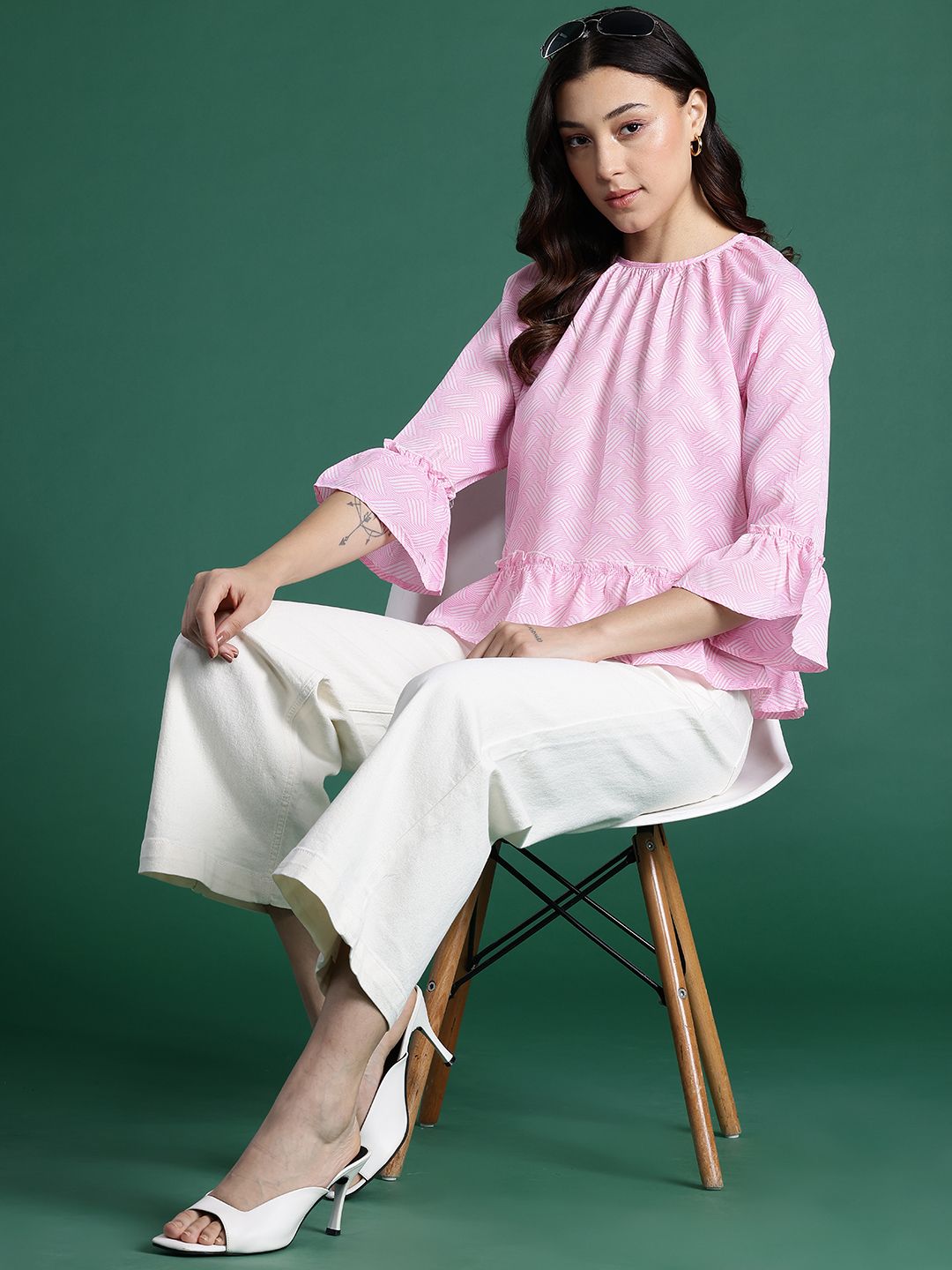 DressBerry Geometric Print Flared Sleeve Top
