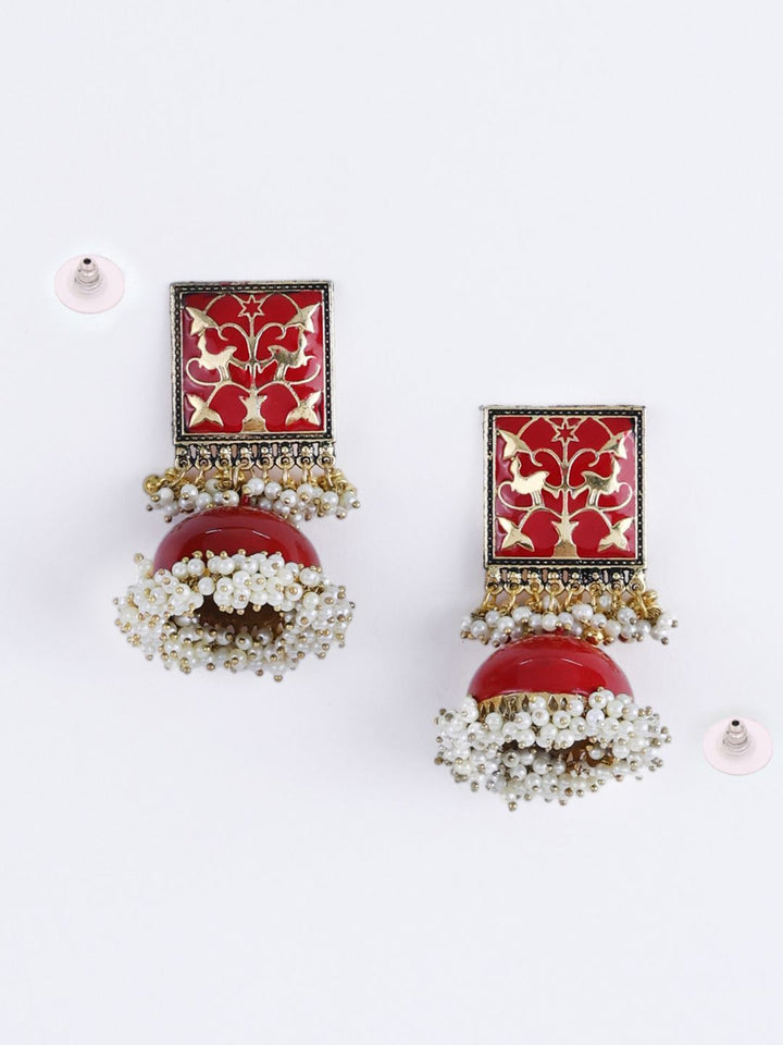 PANASH Gold-Plated Red & White Pearls Jhumka Earrings
