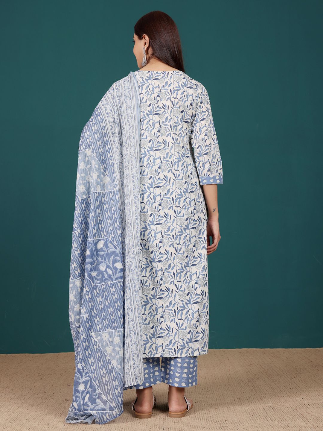 Varanga Floral Printed V-Neck Pure Cotton Straight Kurta With Trousers & Dupatta