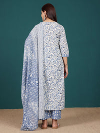 Varanga Floral Printed V-Neck Pure Cotton Straight Kurta With Trousers & Dupatta