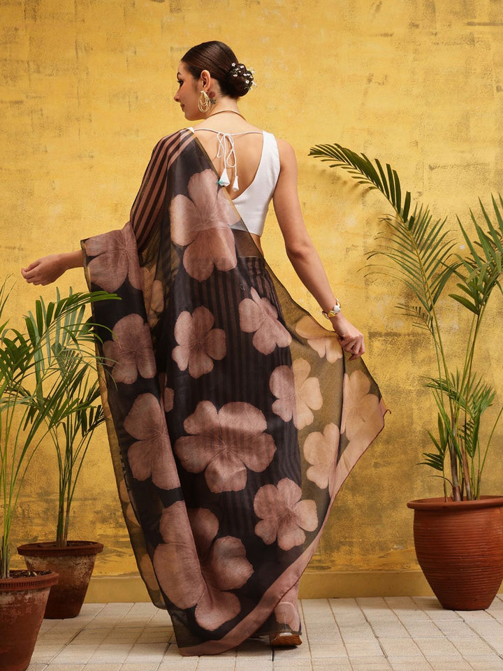 Silk Land Floral Striped Ready to Wear Chanderi Saree