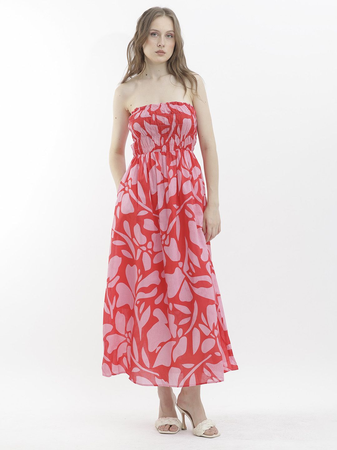 RAREISM Floral Printed Strapless Sleeveless Smocked Maxi Dress
