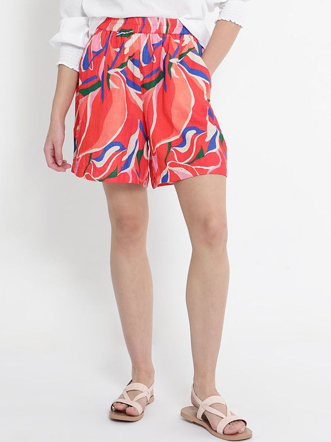 RAREISM Women Abstract Printed Relaxed Fit High-Rise Cotton Casual Shorts