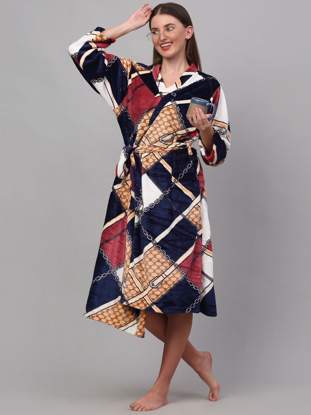 KLOTTHE Printed Woolen Bath Robe With Belt