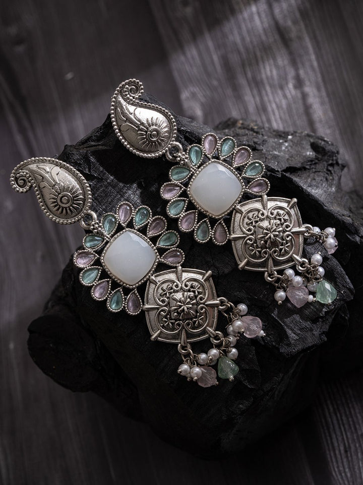 PANASH Silver-Plated Stones Studded And Beaded Contemporary Shaped Oxidised Drop Earrings
