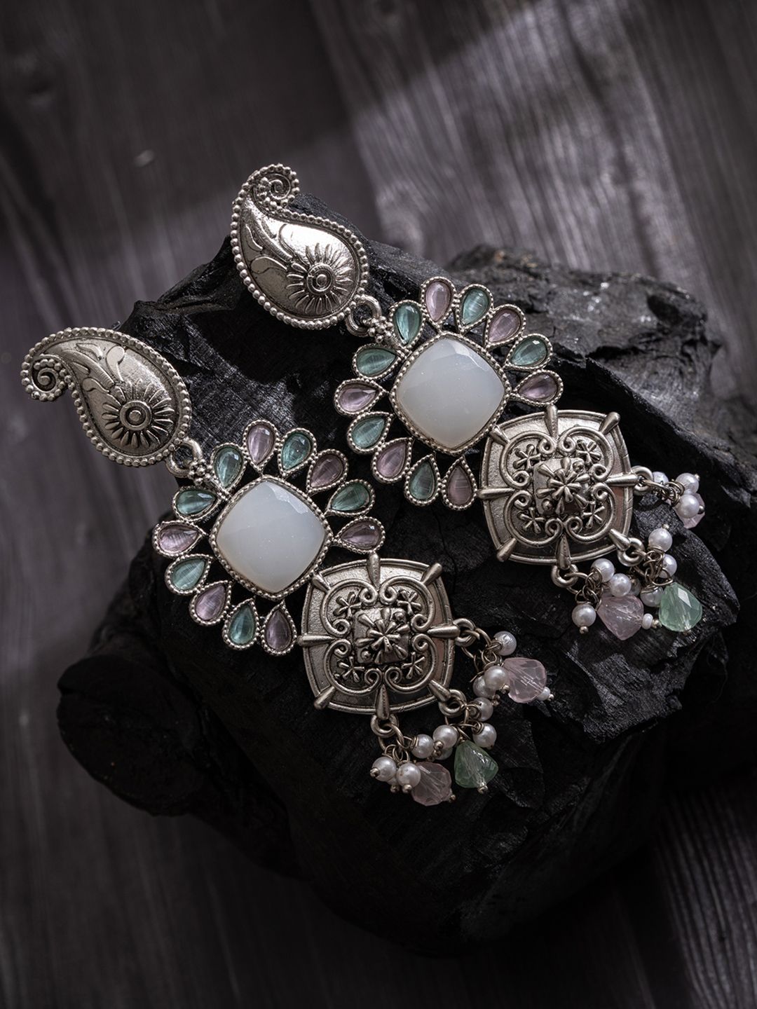 PANASH Silver-Plated Stones Studded And Beaded Contemporary Shaped Oxidised Drop Earrings