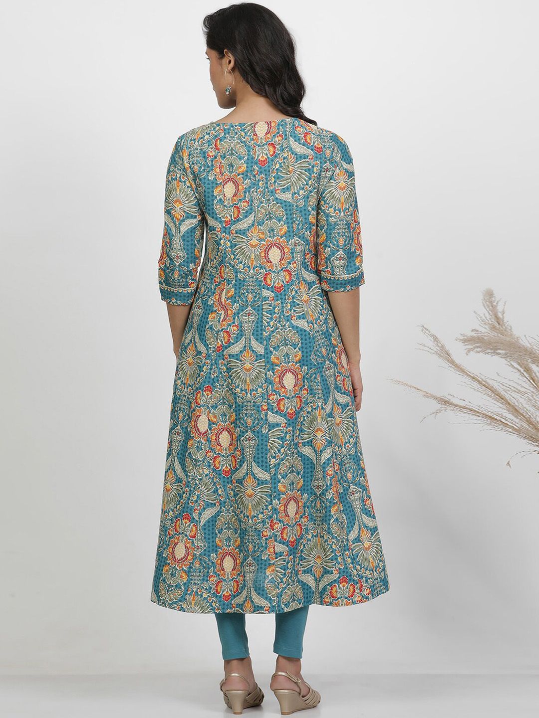 W Floral Printed Keyhole Neck Pure Cotton A-Line Kurta