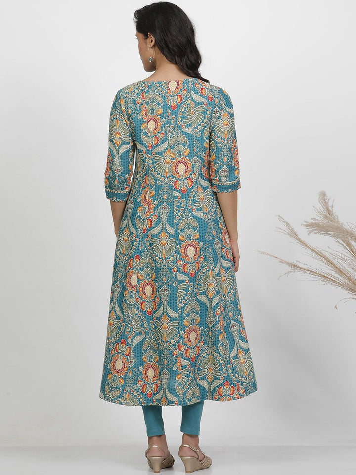 W Floral Printed Keyhole Neck Pure Cotton A-Line Kurta
