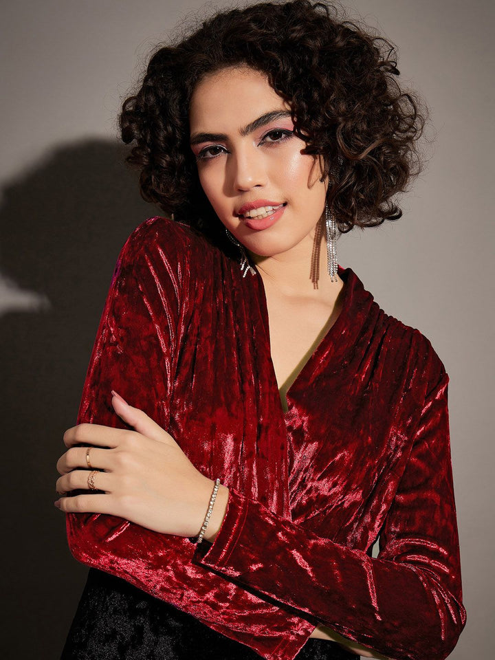 SASSAFRAS Self Design Velvet V-Neck Wrap Bodysuit