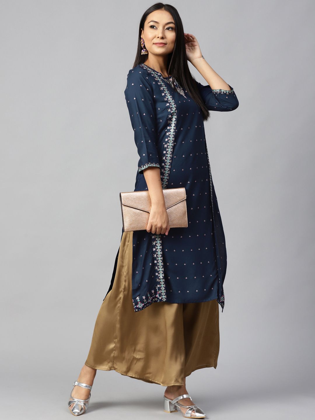 W Women Navy Blue Ethnic Printed Straight Kurta