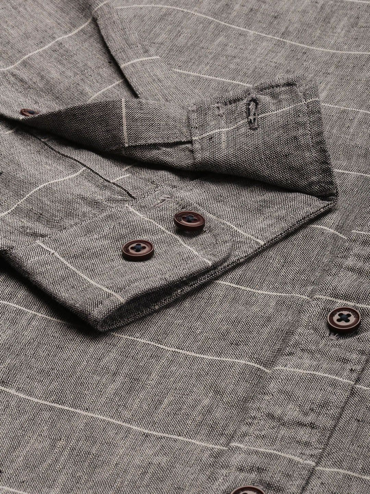 Mr Bowerbird Men Grey Tailored Fit Horizontal Stripes Casual Shirt