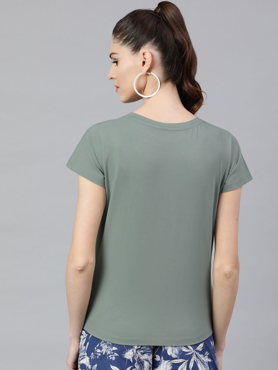 STREET 9 Women Olive Green Printed Round Neck T-shirt