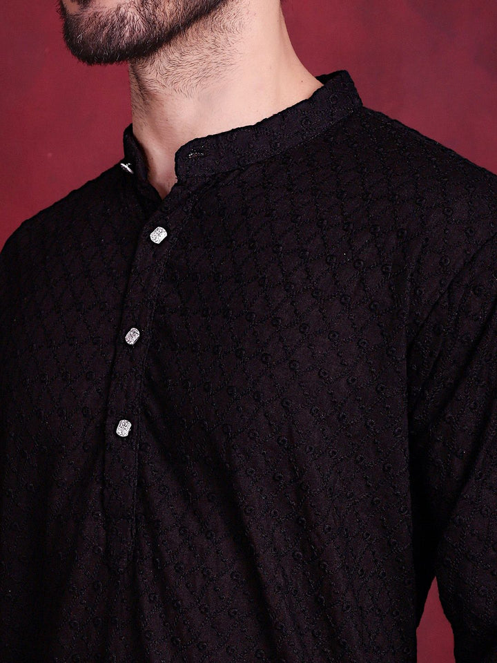 Jompers Geometric Embroidered Band Collar Pure Cotton Chikankari Straight Kurta