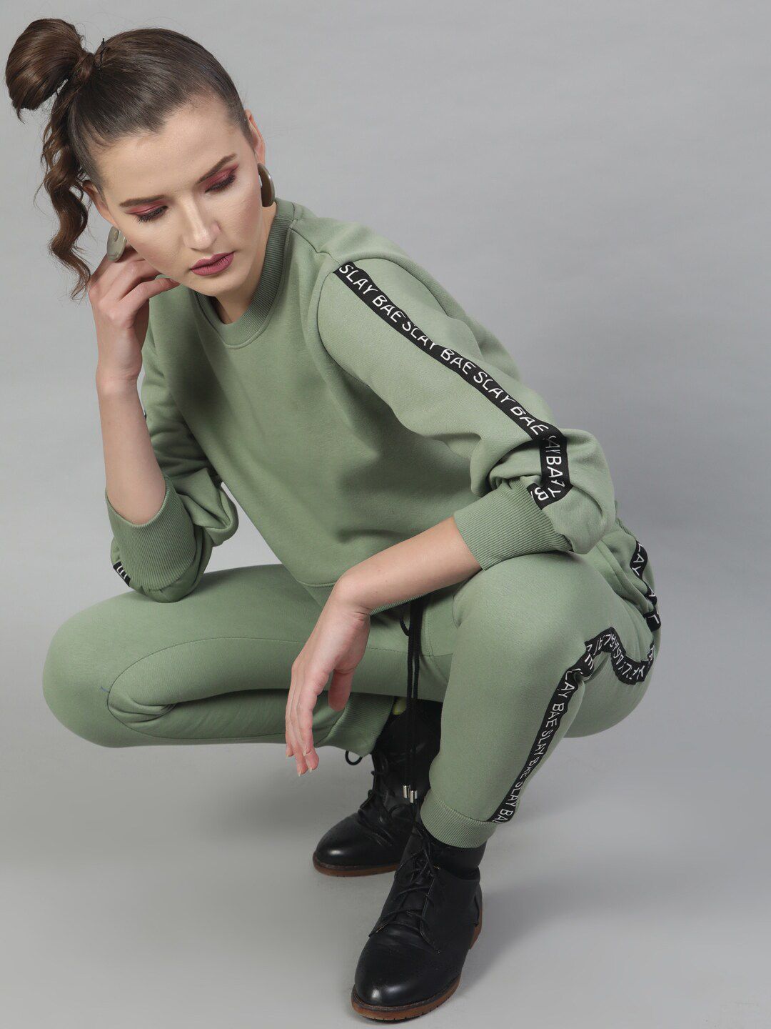 STREET 9 Women Green Solid Crop Sweatshirt With Side Stripes