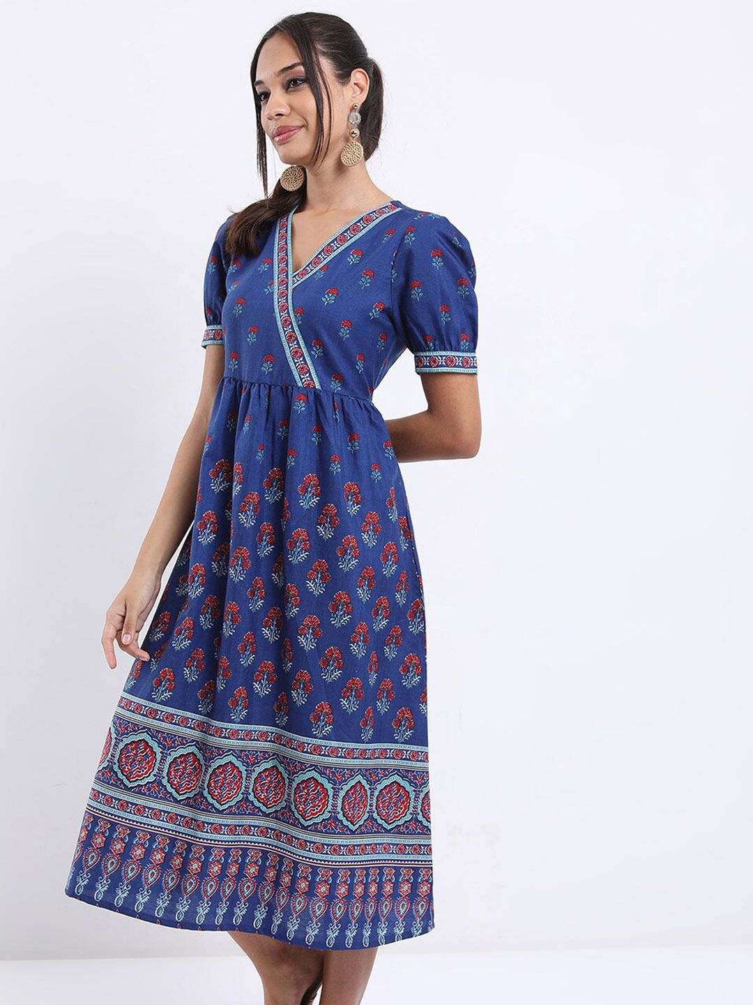 Vishudh Blue Ethnic Motifs Printed Midi Wrap Dress