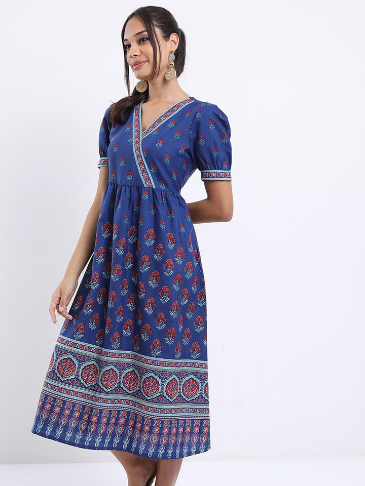 Vishudh Blue Ethnic Motifs Printed Midi Wrap Dress
