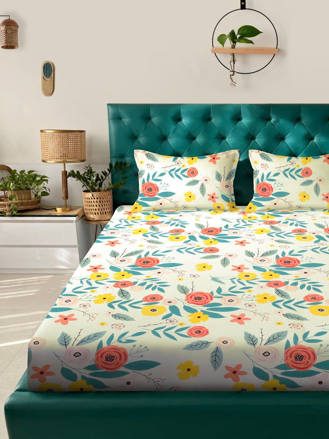 KLOTTHE White & Blue Floral Printed 300 TC King Bedsheet With 2 Pillow covers