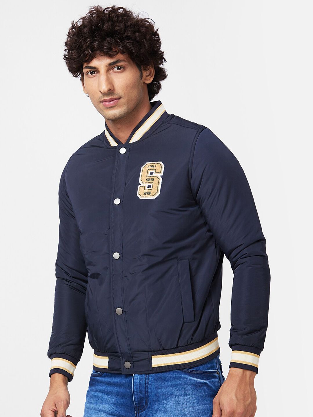 SPYKAR Stand Collar Bomber With Patchwork Jacket