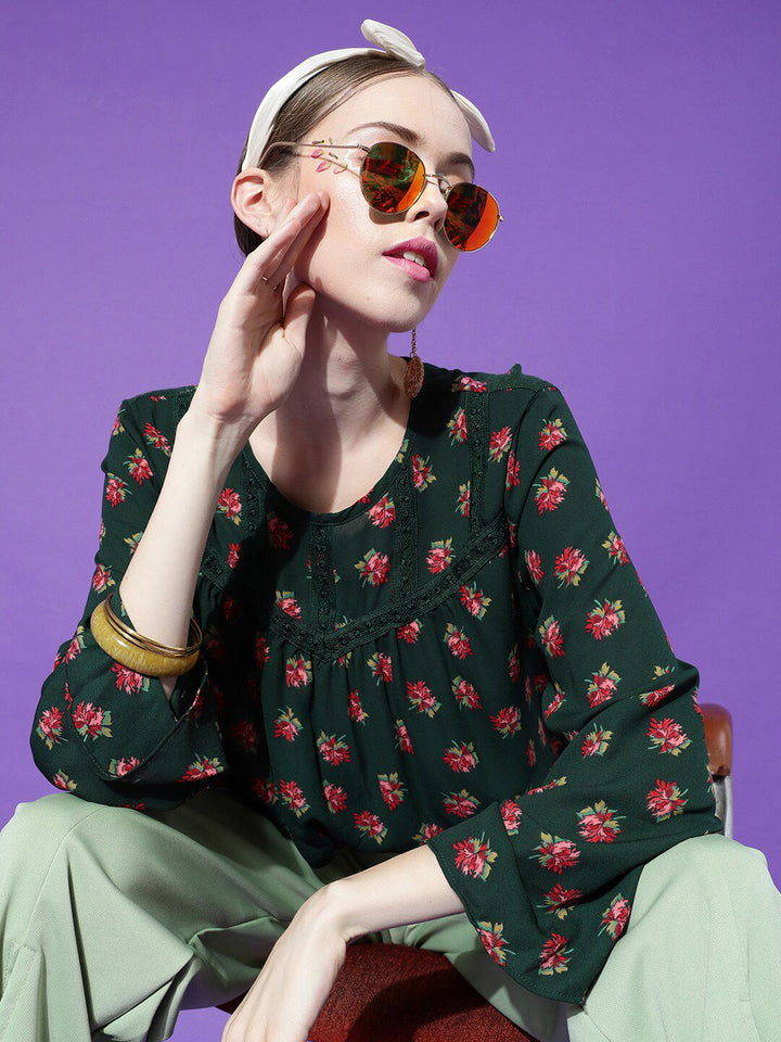 STREET 9 Women Green Floral Print Crepe Top