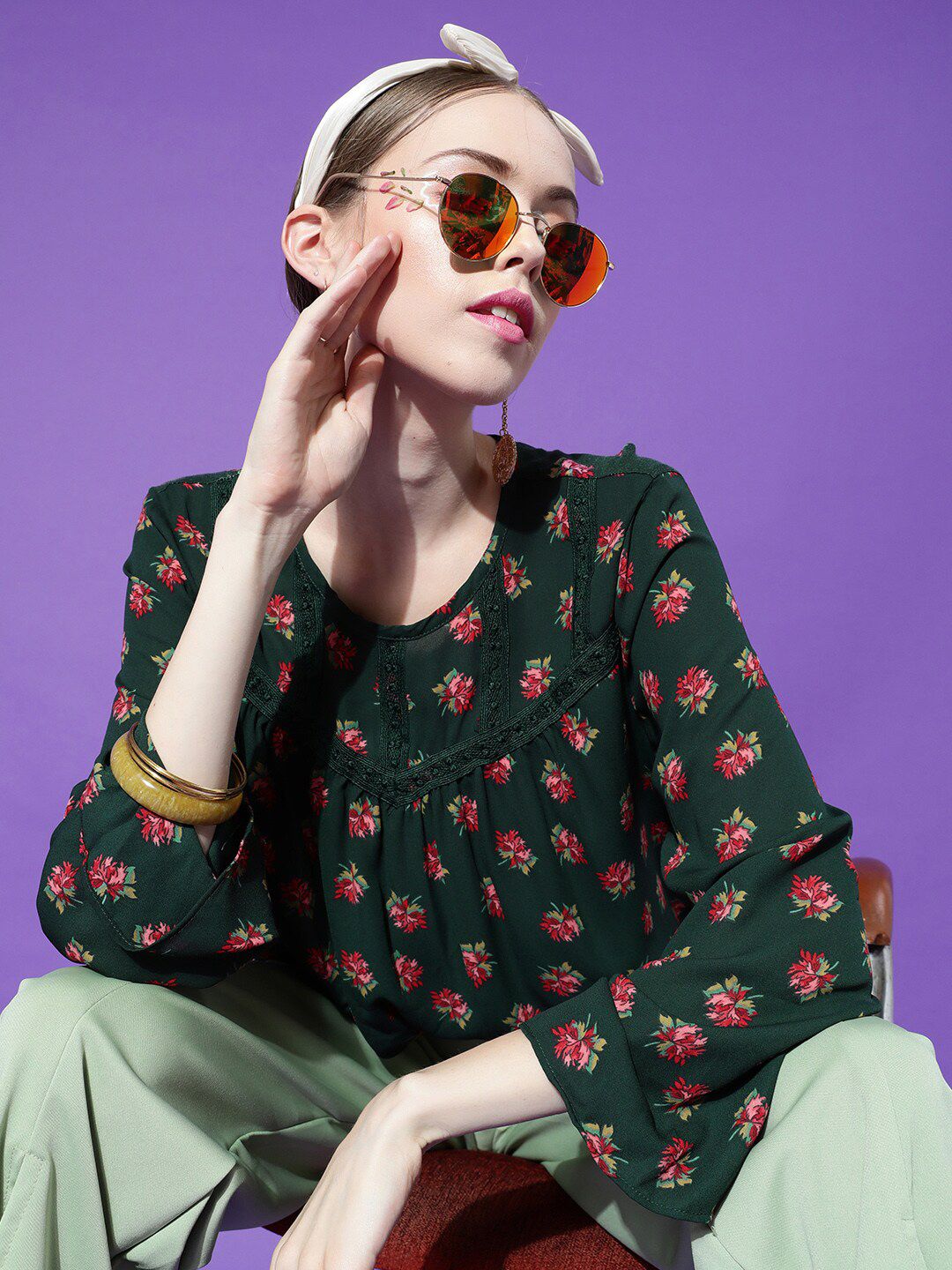 STREET 9 Women Green Floral Print Crepe Top