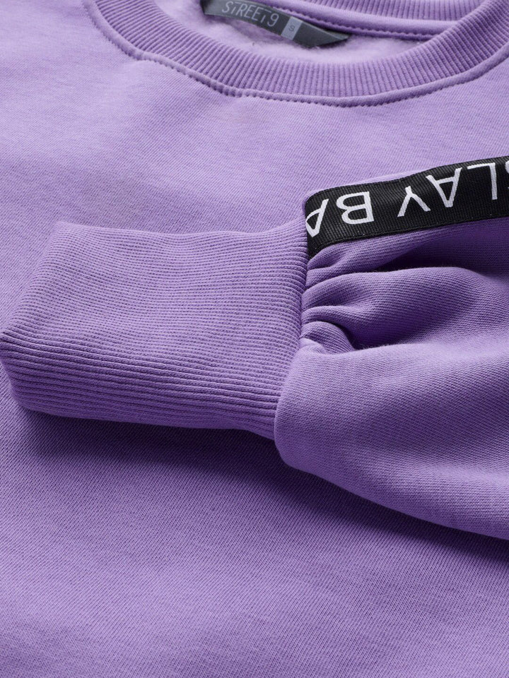 STREET 9 Women Purple Solid Cotton Crop Sweatshirt