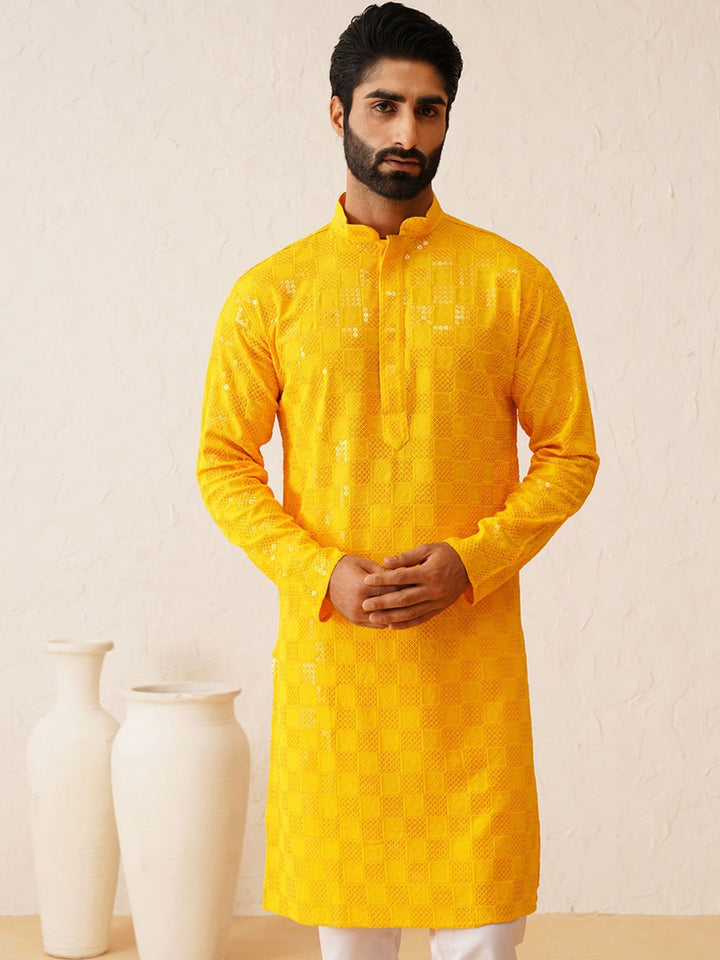 SOJANYA Geometric Embroidered Mandarin Collar Sequins Pure Cotton Straight Kurta