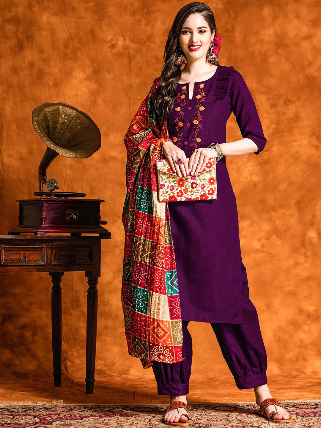 KALINI Floral Embroidered Mirror Work Straight Kurta with Patiala & With Dupatta