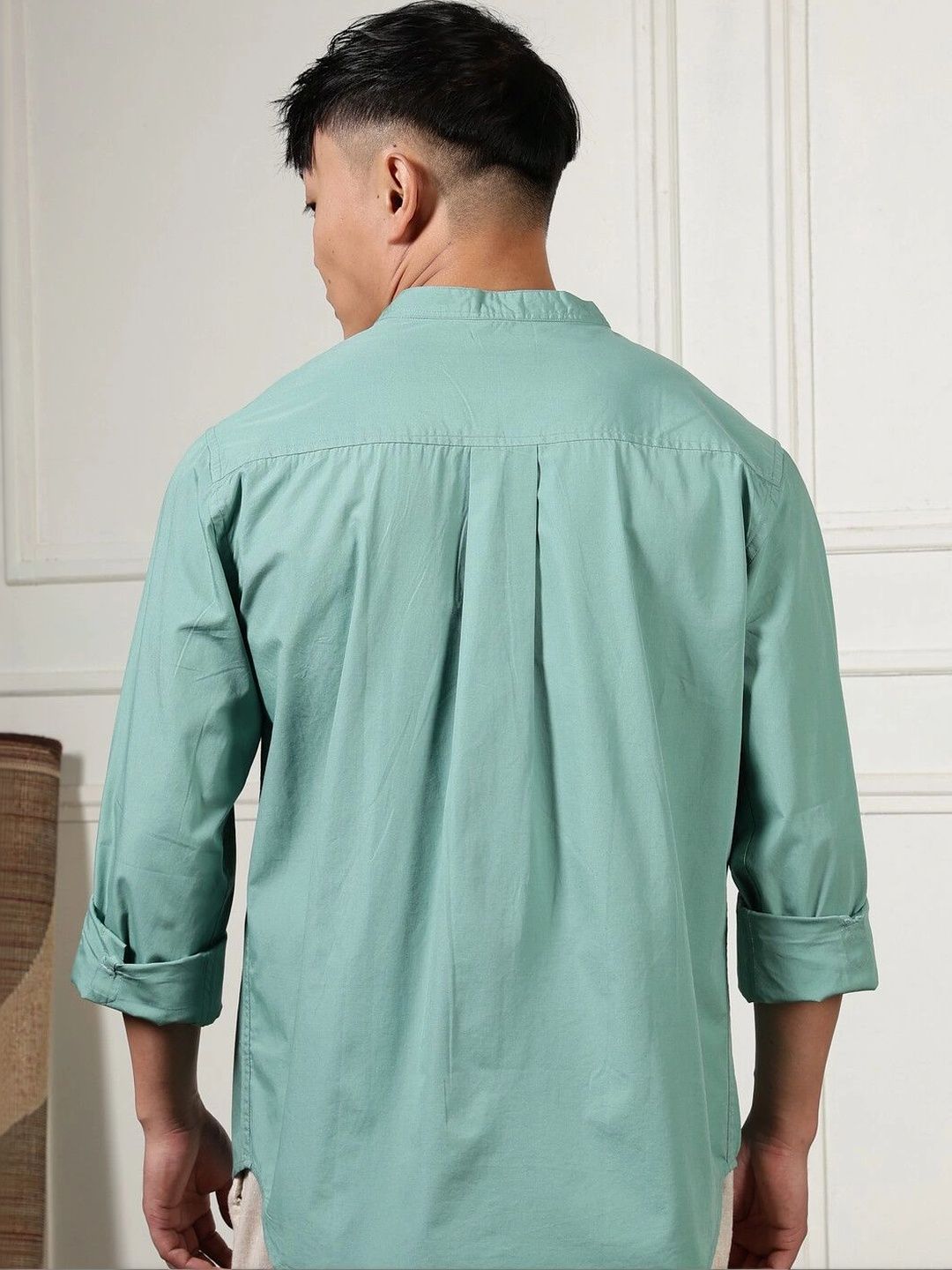 Eszett Long Sleeves Mandarin Collar Opaque Pure Cotton Regular Fit Casual Shirt