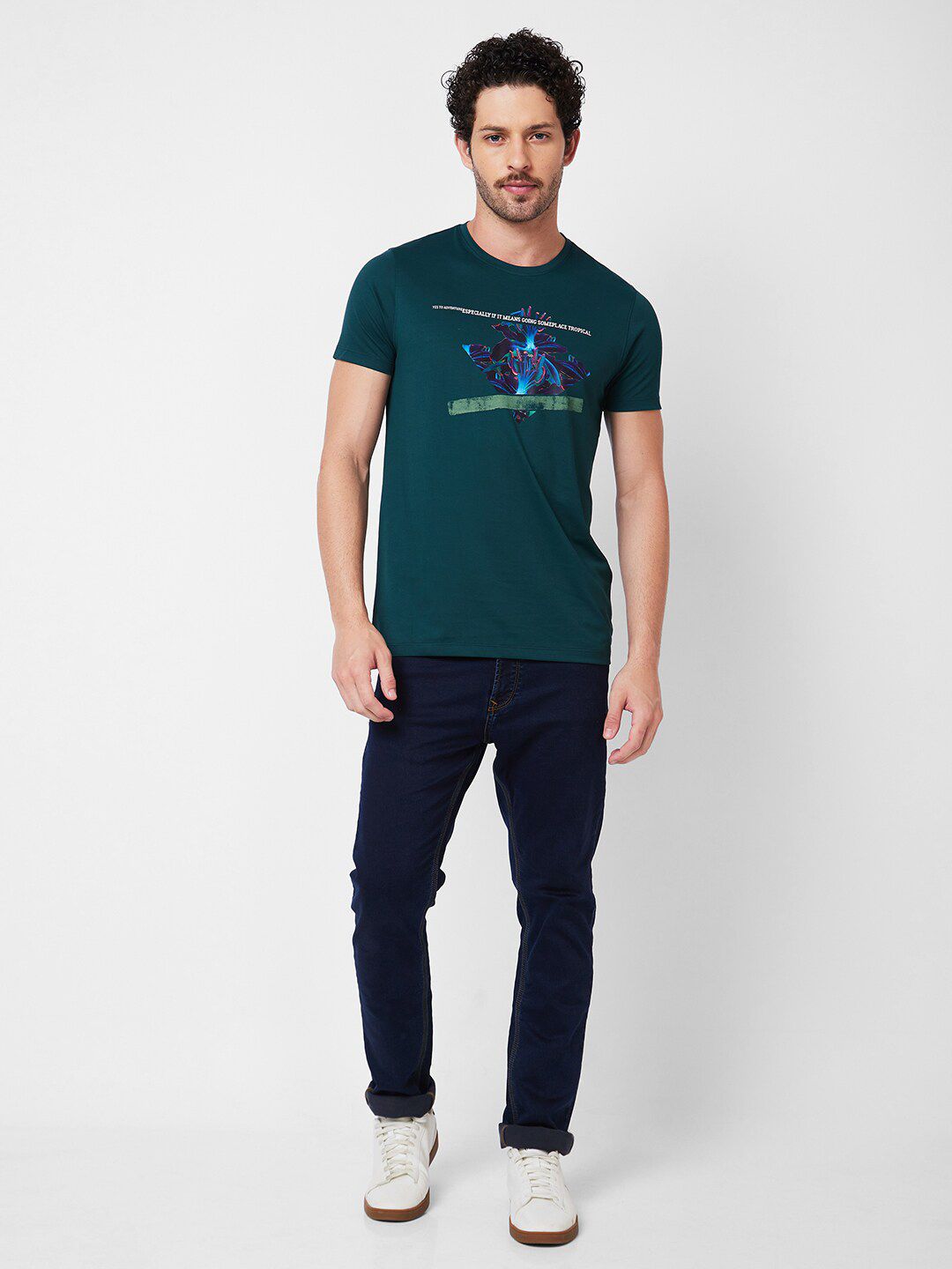 SPYKAR Typography Printed Round Neck Applique Cotton Slim Fit T-shirt