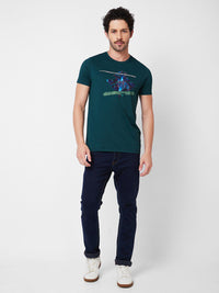 SPYKAR Typography Printed Round Neck Applique Cotton Slim Fit T-shirt