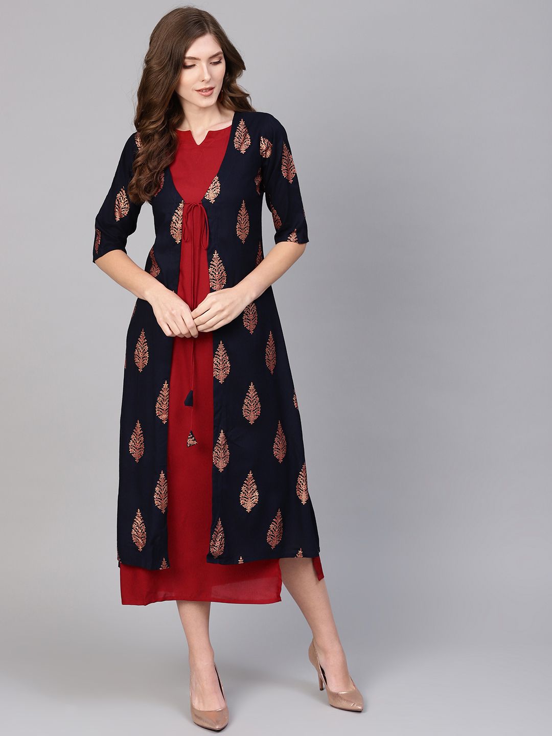 Gerua By Libas Women Maroon  Navy Blue Block Print Layered A-Line Dress