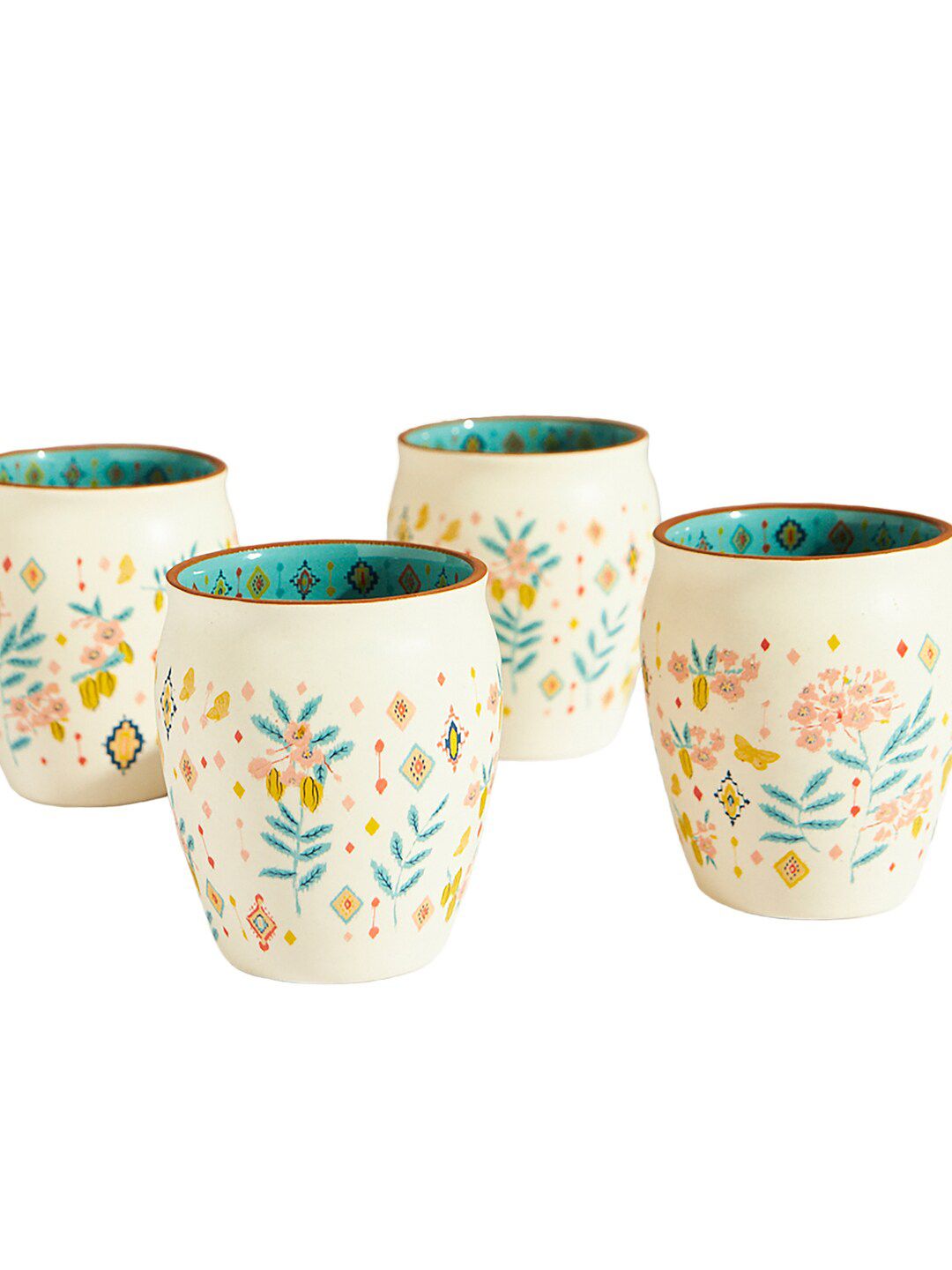Chumbak Cream-Coloured & Green 4-Pieces Floral Printed Ceramic Glossy Cups 200 ml Each
