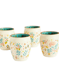 Chumbak Cream-Coloured & Green 4-Pieces Floral Printed Ceramic Glossy Cups 200 ml Each