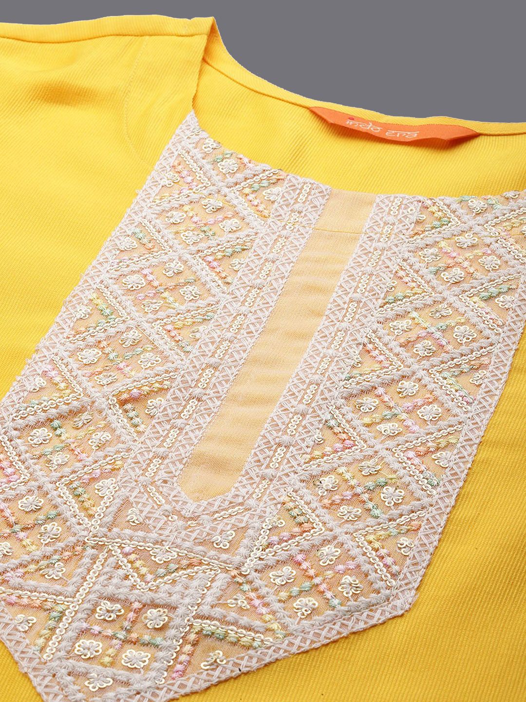 Indo Era Floral Yoke Design Regular Sequinned Liva Kurta with Trousers & Dupatta