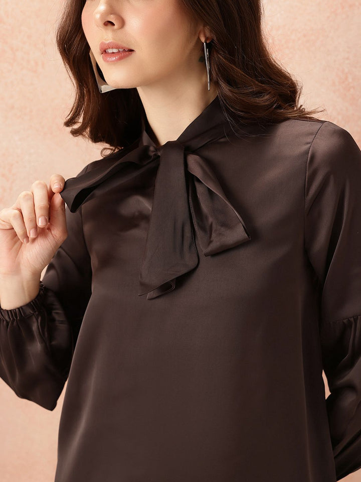 all about you Tie-Up Neck Satin-Finish Top with Wide Leg Trousers