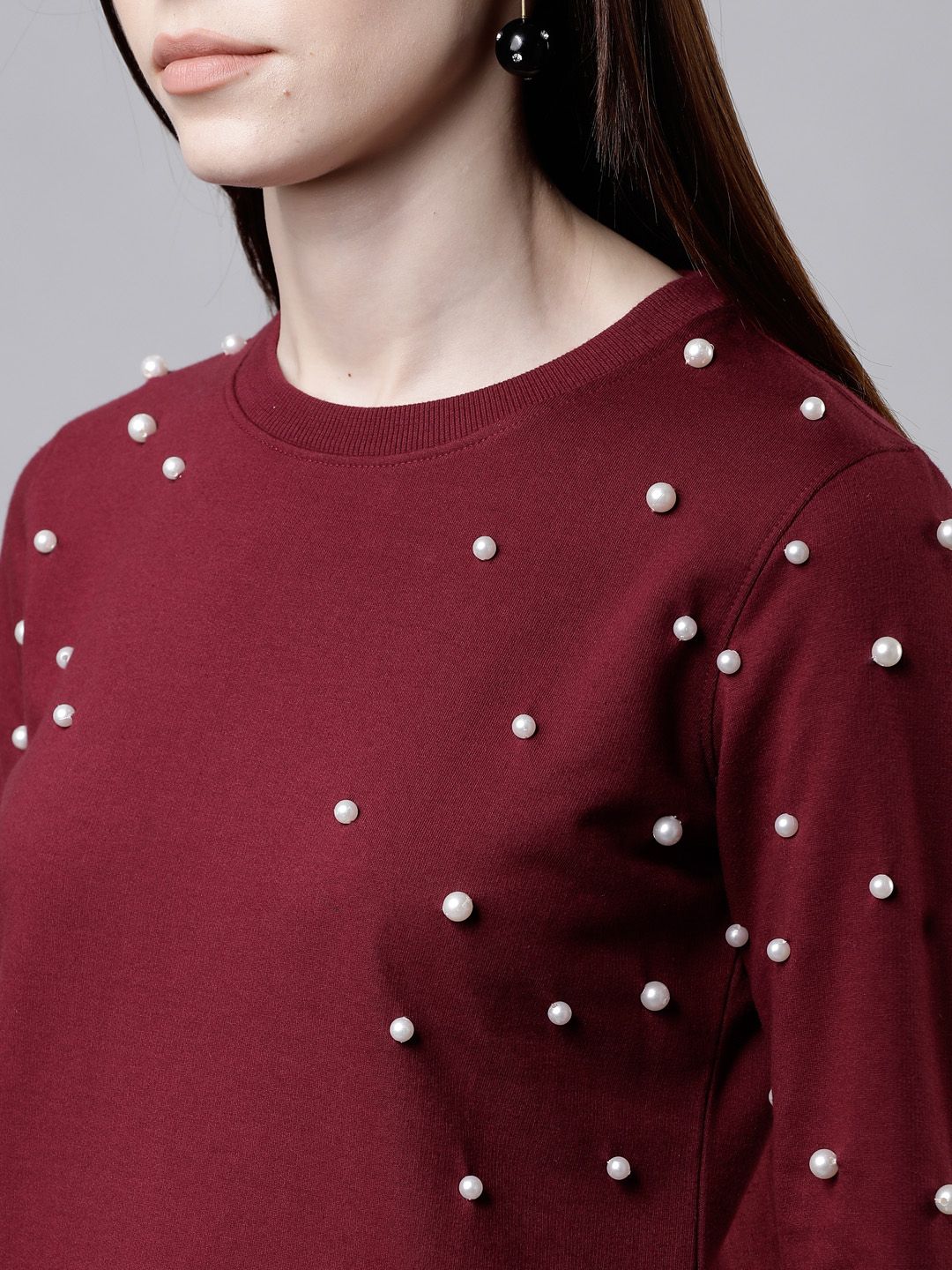 Tokyo Talkies Women Maroon & White Solid Sweatshirt