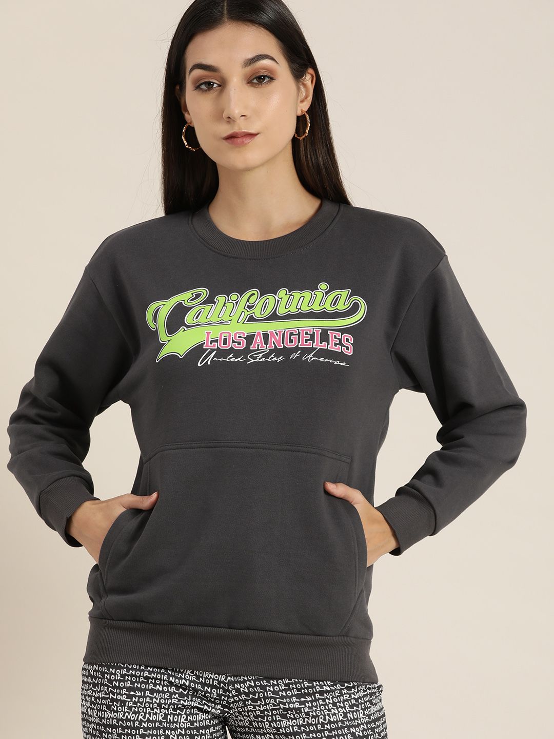 DILLINGER Women Charcoal Printed Oversized Sweatshirt