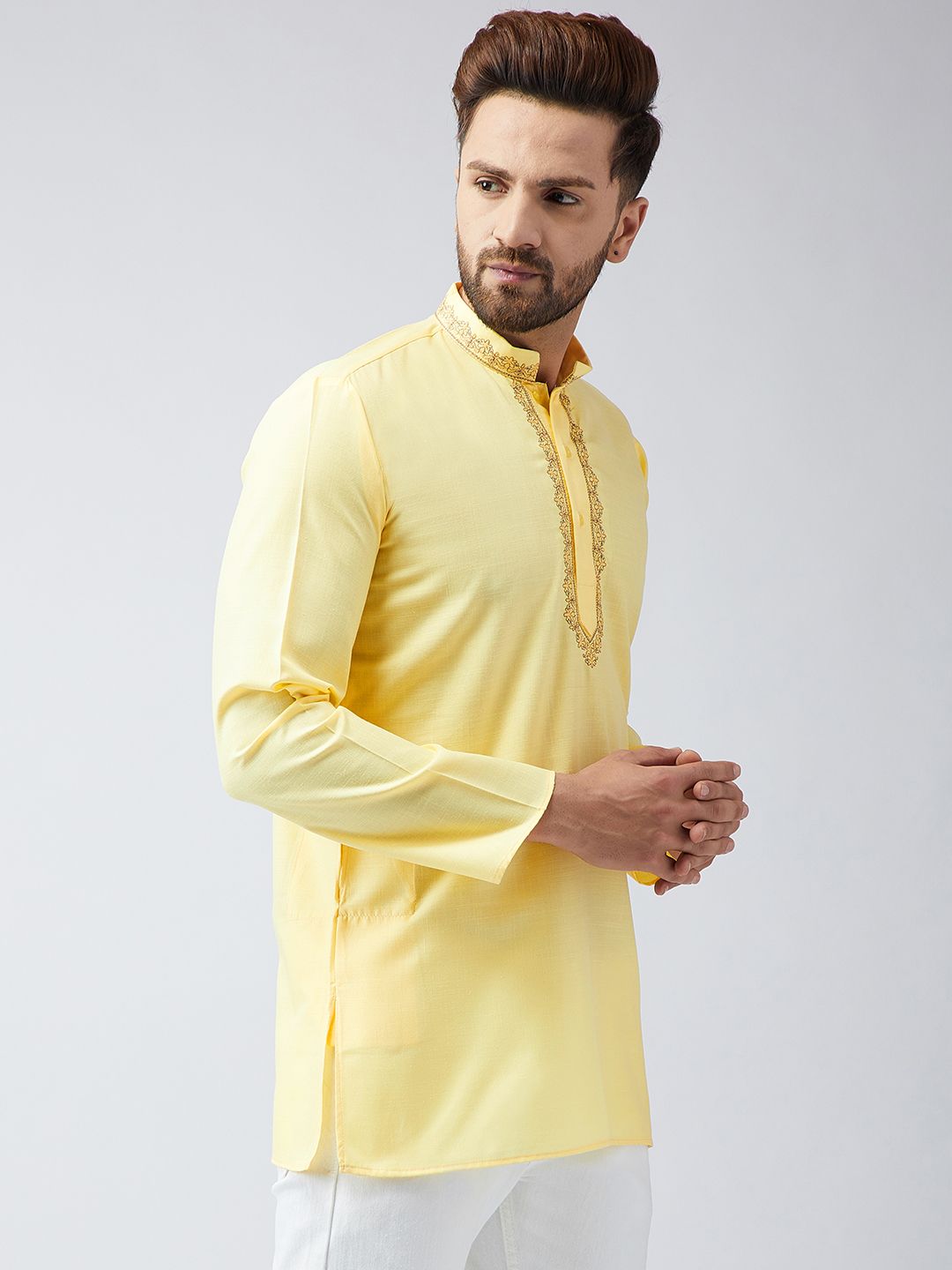 SOJANYA Men Yellow Embroidered Short Kurta