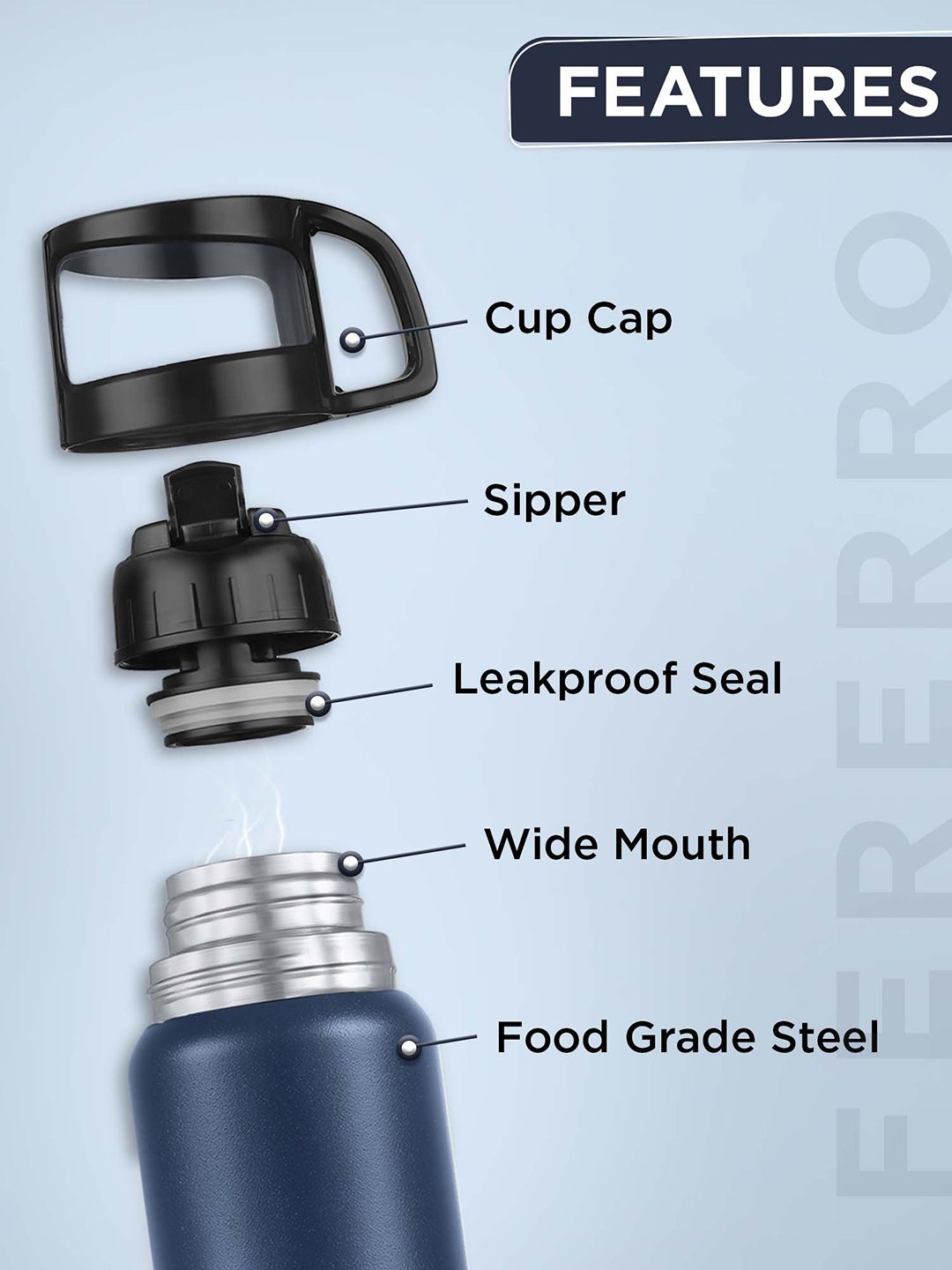 Pexpo Fererro Blue ISI Certified Thermosteel Hot and Cold Flask Water Bottle 1000ml