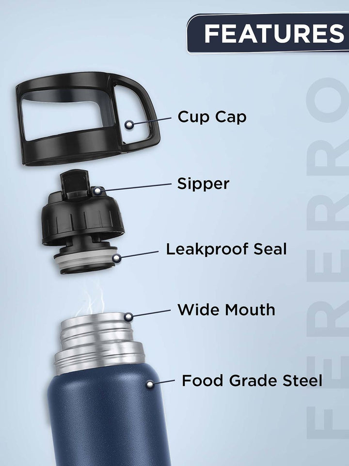 Pexpo Fererro Blue ISI Certified Thermosteel Hot and Cold Flask Water Bottle 1000ml