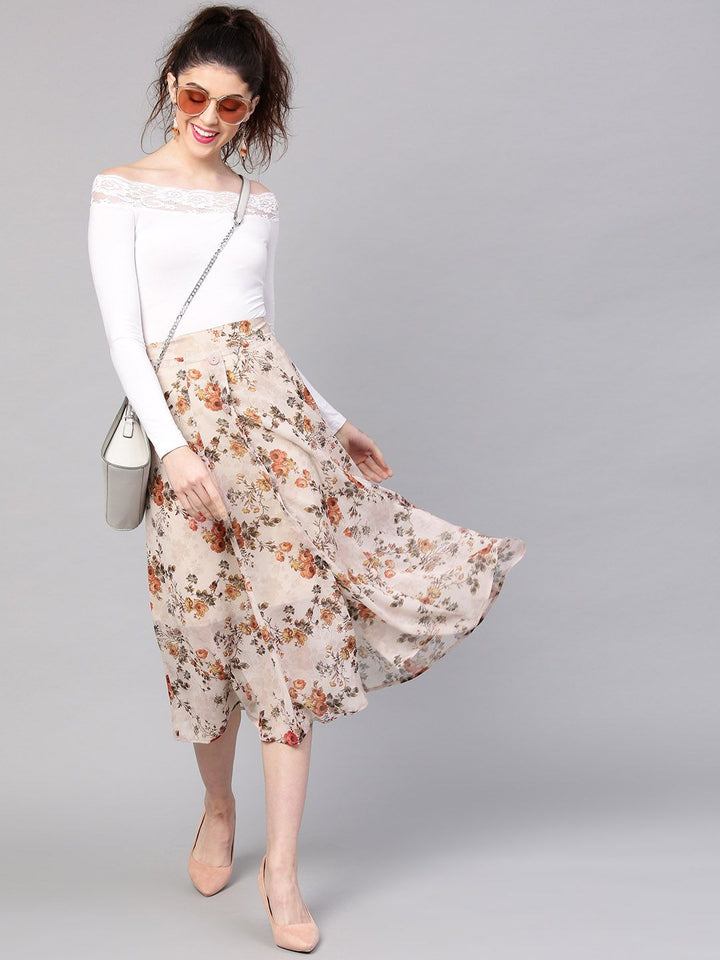 SASSAFRAS Beige & Orange Printed A-Line Skirt
