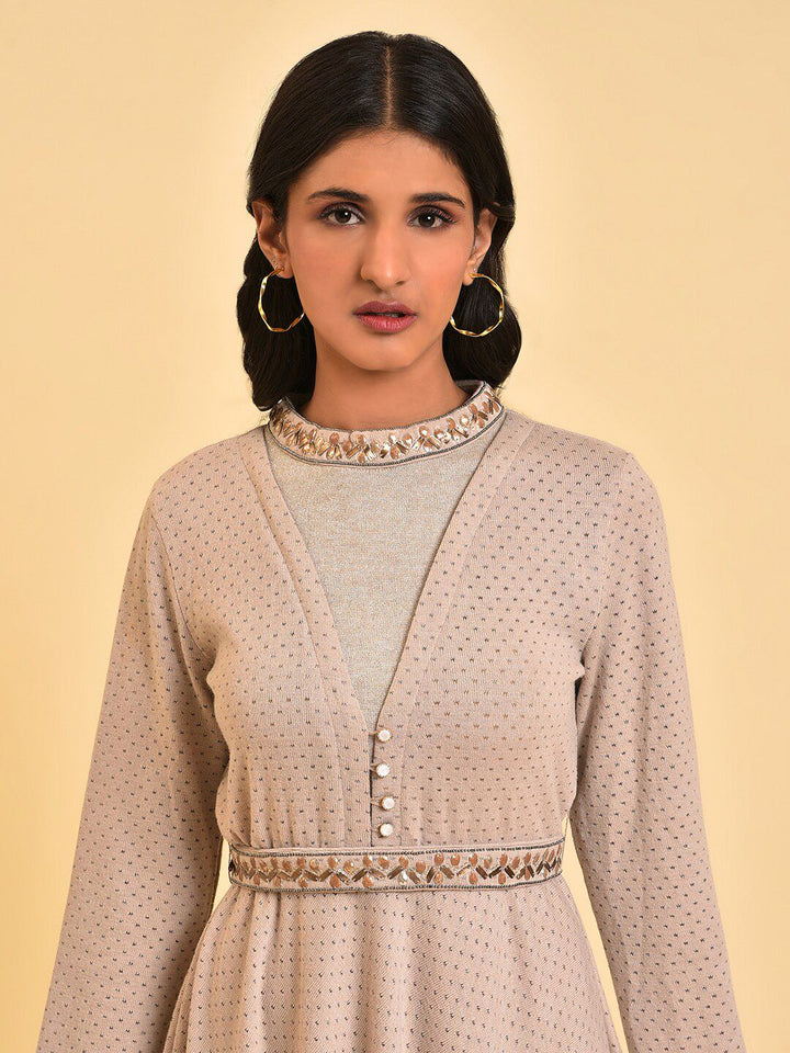 W Grey Embellished Polka Dot Printed High Neck Belted Fit & Flare Midi Dress
