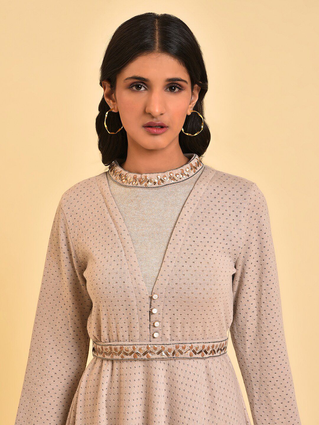 W Grey Embellished Polka Dot Printed High Neck Belted Fit & Flare Midi Dress