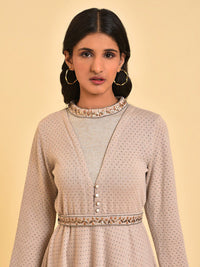 W Grey Embellished Polka Dot Printed High Neck Belted Fit & Flare Midi Dress