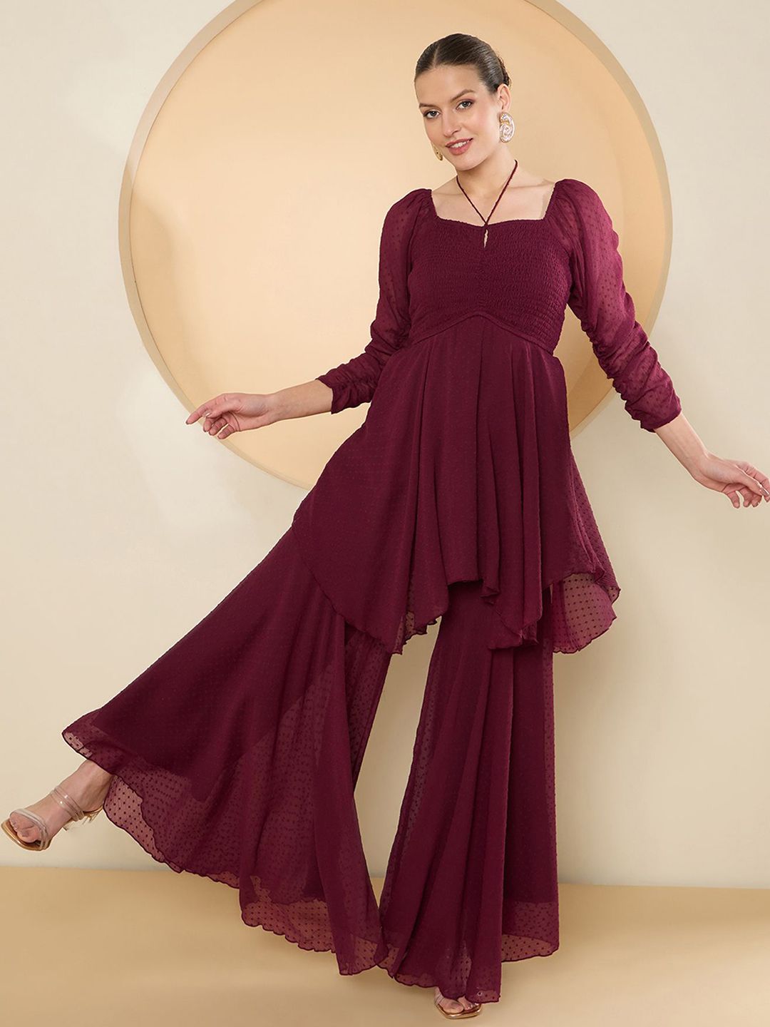 Antheaa Notch Neck Three-Quarter Sleeves Top With Palazzo