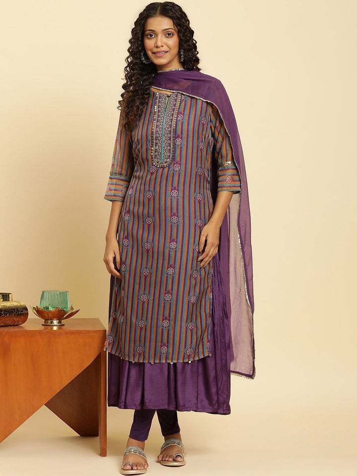 W Striped Sequined Kurta With Dupatta