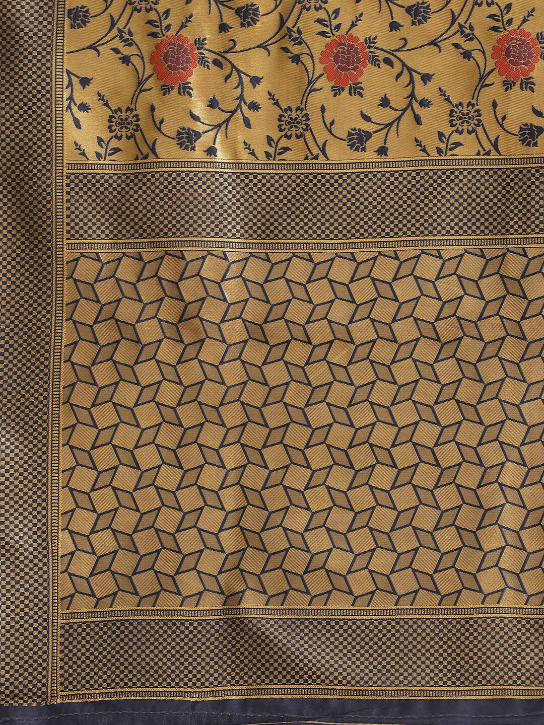 Saree mall Golden & Navy Blue Floral Woven Design Banarasi Saree