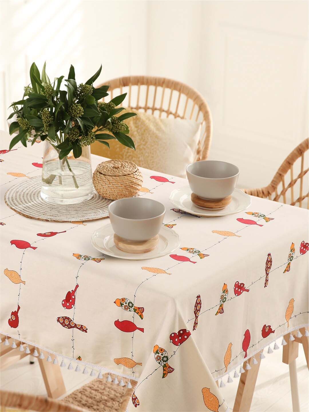URBAN SPACE Cream & Red Printed Pure Cotton 4-Seater Table Cover