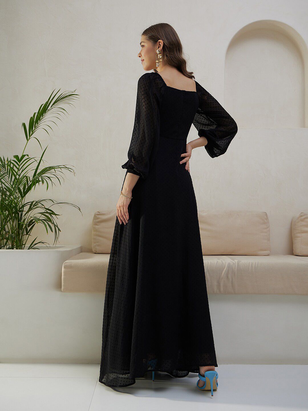 Berrylush Black Self Design Square Neck Puff Sleeves High Slit Maxi Dress
